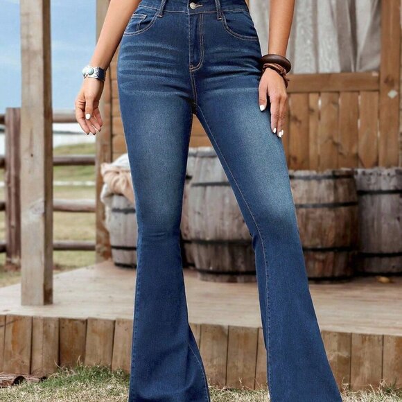 Dark Wash Casual Women's Pocket Design Skinny Flared Jeans - Picture 5 of 6